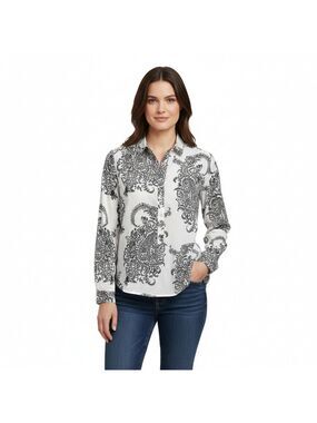 Loft Henley Top Softened Shirt Popover M Boho Paisley Print Black White